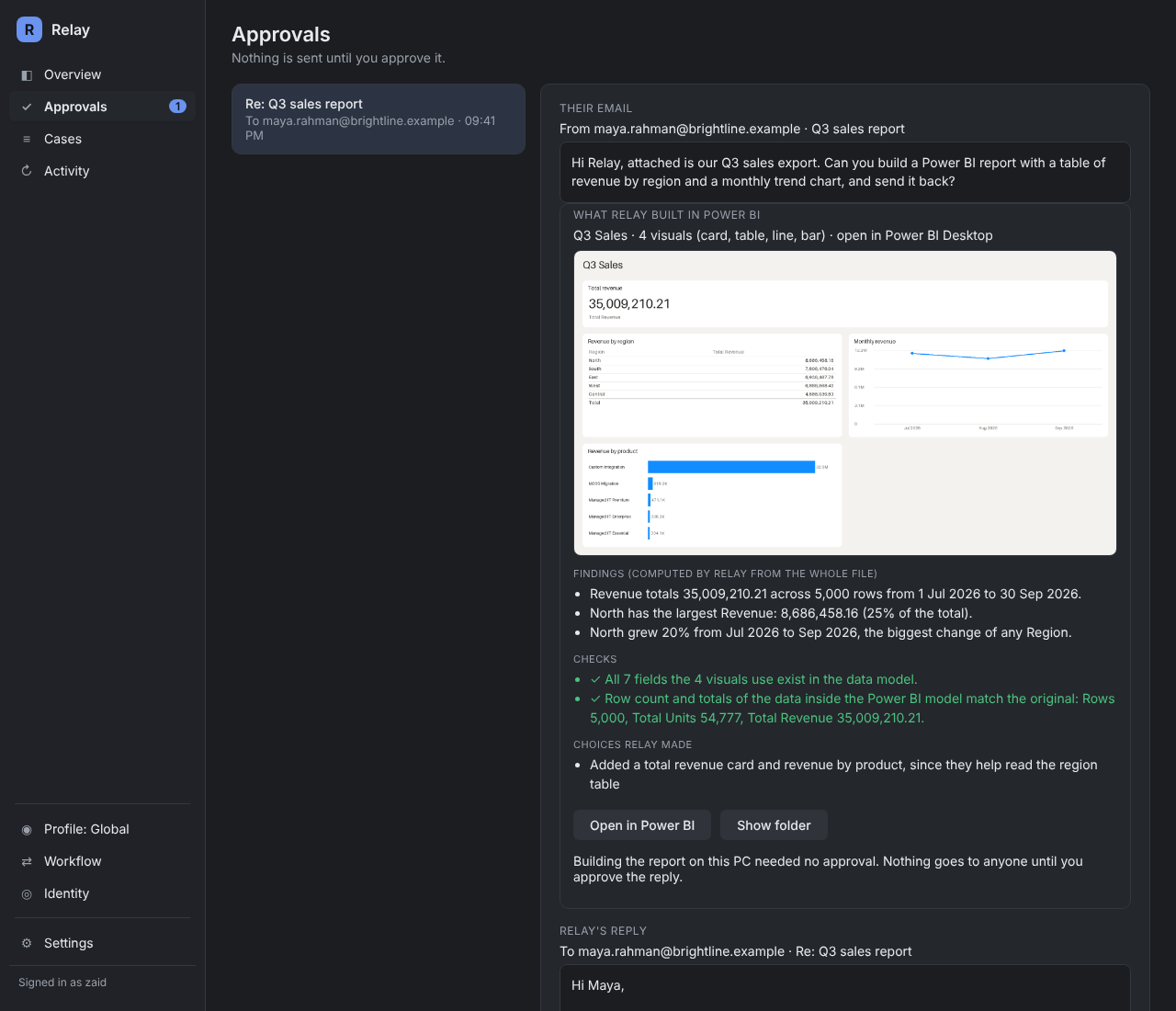 An approval in Relay showing a Power BI report built from a CSV, the findings, and checks that the totals match.