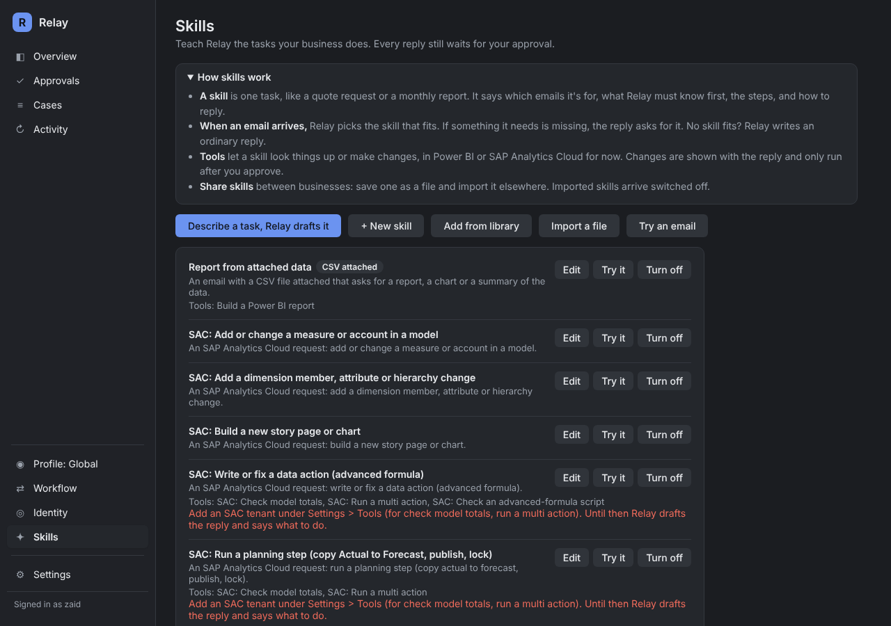 Relay's Skills screen listing the business's skills.
