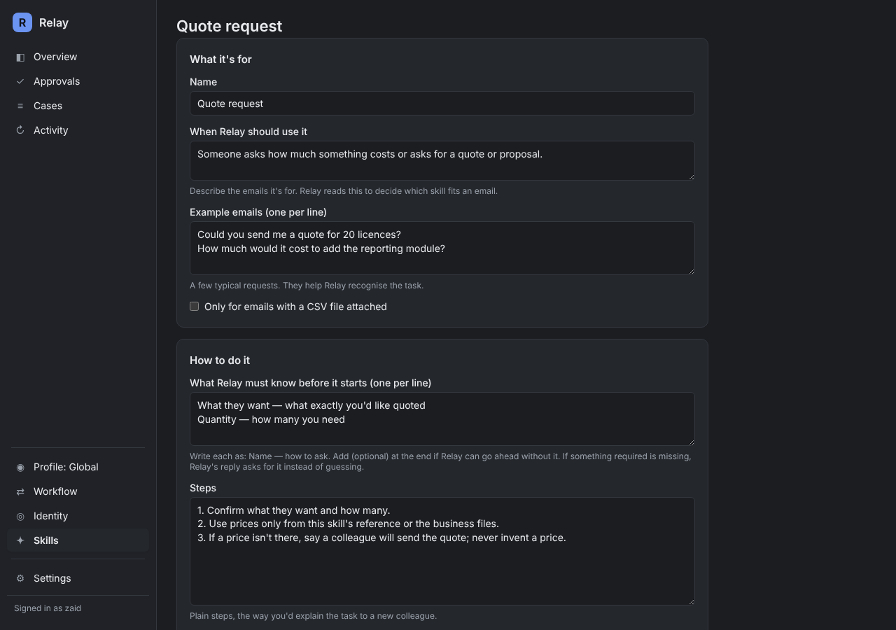 Editing a skill in Relay: when to use it, what it needs, steps and reply.